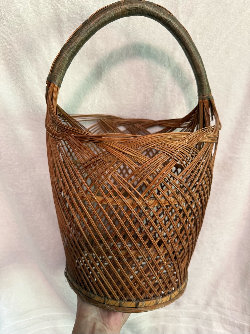Vintage handwoven Asian basket,a traditional rattan flower gathering basket